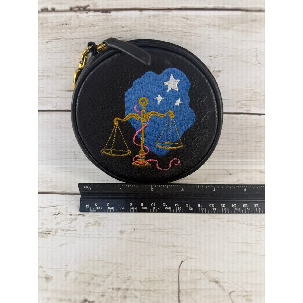 Hobo The Original Black Leather Libra Zodiac Embroidered Round Coin Purse Pouch